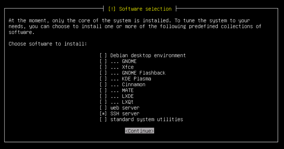Installateur Debian 11 affichant le sélecteur de paquet où seul SSH Server est coché